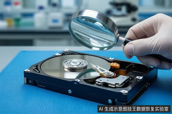 蓝色防静电垫上平放一块打开外壳的机械硬盘，露出盘片与磁头组件。右侧一只戴白色手套的手正握持一个放大镜，悬停在硬盘上方。背景为模糊的实验室设备。