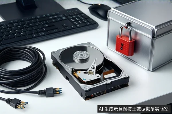 白色桌面上,左侧放置黑色键盘和鼠标,中间平放一块打开外壳的机械硬盘,右侧为挂有红色挂锁的银色金属防震箱,前景盘绕着黑色SATA数据线和电源线。