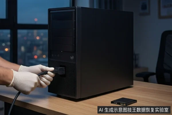 木质桌面上放置一台黑色台式主机,右侧平放一块黑色固态硬盘。左侧一双戴白色手套的手正握持黑色电源插头,将其插入主机前部接口。背景可见模糊的窗户和城市夜景。