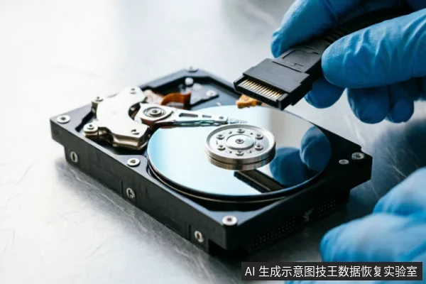 戴着蓝色防静电手套的专业人员手持SATA数据线和电源线，正准备连接一块已打开外壳的机械硬盘。画面清晰展示了硬盘内部的磁盘盘片、读写磁头臂及接口细节，体现了专业数据恢复环境下的硬件检测与连接操作。