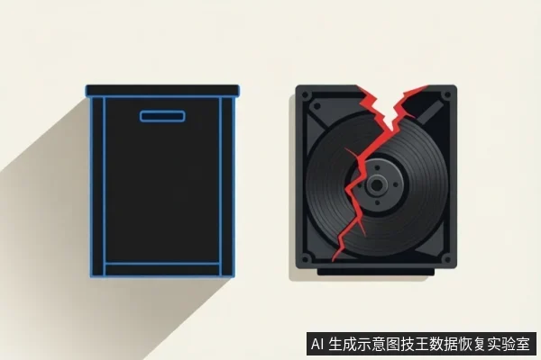浅色背景上并排展示两个示意图：左侧为带蓝色边框的黑色移动硬盘外壳，右侧为盘片外露且中间有红色裂纹的机械硬盘。