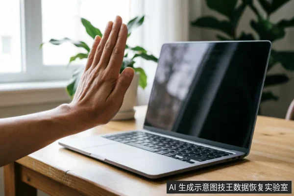 一只手掌在木质桌面上向前伸出,做出明确的“停止”手势,挡在一台打开的笔记本电脑前方。背景为明亮的窗户和绿色植物,画面传达出拒绝操作、立即中断或禁止通电的警示意味。