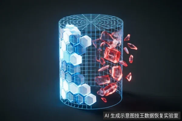 一个发光的蓝色线框圆柱体容器,左侧由整齐排列的六边形结构组成,象征完整的数据;右侧对应的六边形破碎崩解,化作红色的晶体碎片向外飞散,形象地展示了数据从完好到被覆盖、置换及碎片化的过程。
