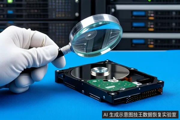 蓝色防静电垫上平放一块打开外壳的机械硬盘，一只戴白色手套的手握持银色放大镜悬停在硬盘上方，背景为模糊的服务器机柜。