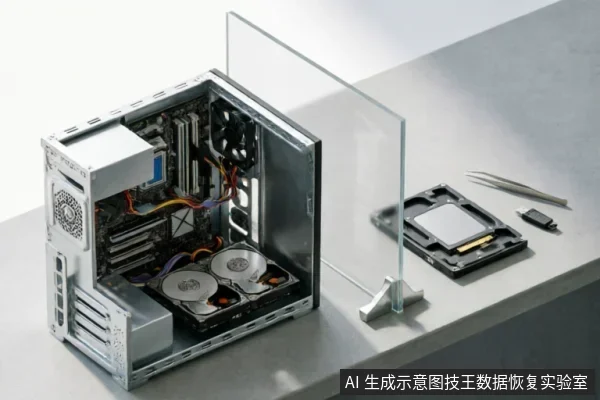 一台侧板已拆卸的台式电脑机箱,内部清晰展示了主板、电源及双硬盘安装结构。旁边桌面上放置着拆下的玻璃面板、镊子和存储配件,呈现出硬件检修或组装的场景。