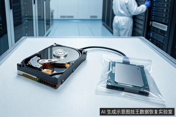 洁净室白色桌面上,左侧平放一块打开外壳的机械硬盘,右侧透明防静电袋内装有一块闭合硬盘。背景中一名穿无尘服的技术人员正在操作服务器机柜。