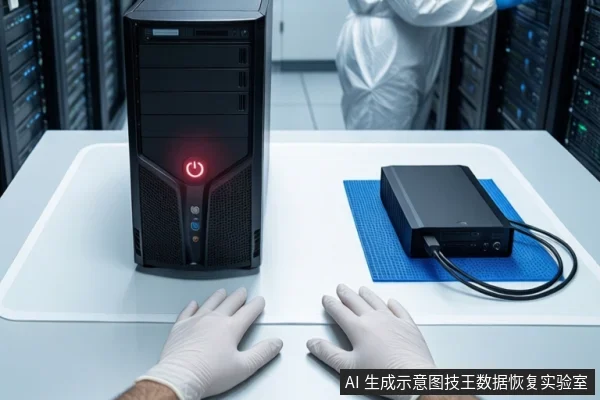 洁净室白色桌面上,左侧竖立一台黑色塔式主机,电源按钮亮红灯。右侧蓝色防静电垫上平放一个黑色外接硬盘盒,连接着黑色线缆。前景一双戴白手套的手平放在桌边。背景中一名穿无尘服的技术人员正在操作服务器机柜。