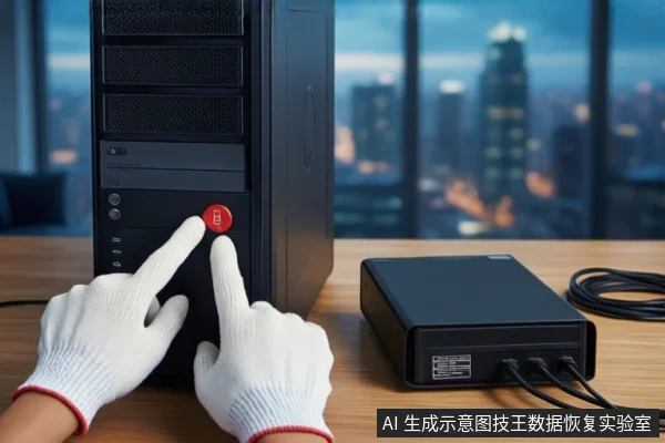 木质桌面上，左侧竖立一台黑色塔式主机，前景一双戴白手套的手正在按压主机正面的红色电源按钮。右侧平放一个黑色外接硬盘盒，连接着黑色数据线。背景为模糊的窗户和城市夜景。