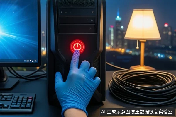深色桌面上，一只戴蓝色手套的手正按压黑色塔式主机正面亮起的红色电源按钮，左侧可见显示器和键盘，右侧盘绕黑色线缆，背景为模糊城市夜景和台灯。