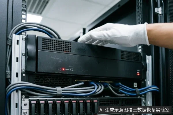 一名佩戴白色防静电手套的技术人员正在服务器机柜中操作黑色机架式存储设备,设备下方连接着整齐捆扎的蓝色和灰色数据线,指示灯亮起。
