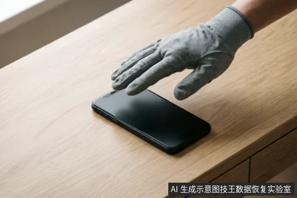 一只戴着灰色防静电手套的手悬停在平放于浅色木纹桌面上的黑色智能手机上方，展示专业数据恢复操作中接触设备前的规范姿态。
