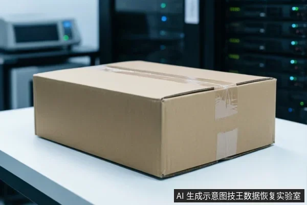 一个用透明胶带封口的棕色纸箱放在白色桌面上,背景为虚化的服务器机柜和一台带指示灯的仪器。