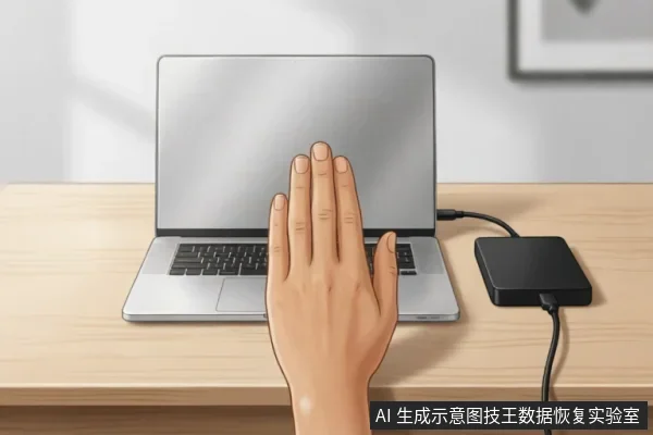 一只手掌伸向银色笔记本电脑屏幕前方，做出明显的停止手势。电脑连接着右侧的黑色外接设备，置于木质桌面上。画面直观传达在数据故障应急处理中“立即停止操作”的核心警示。