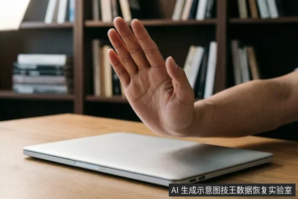 一只手掌在闭合的银色笔记本电脑前做出明显的“停止”手势，背景为模糊的书架。画面直观传达了紧急制动、禁止操作或拒绝继续尝试的含义，契合数据恢复中遇到硬件异常时应立即断电保护的原则。