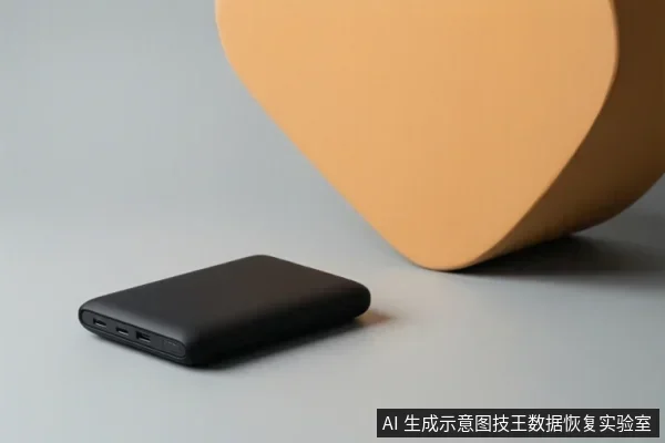 灰色台面上放置一个黑色长方形移动硬盘，侧面可见接口，背景为橙色几何体。