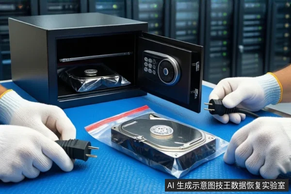 蓝色防静电垫上,左侧是一个打开的黑色保险柜,内部放有硬盘;右侧一双戴白色手套的手正握持两个电源插头,中间平放一个装有机械硬盘的透明自封袋。背景为模糊的服务器机柜。