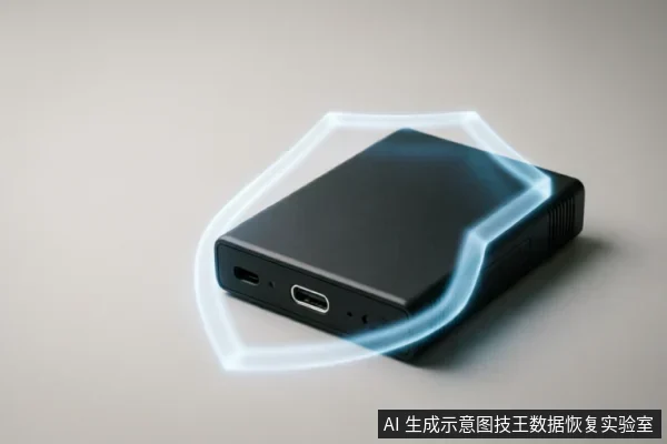 一个黑色的移动硬盘盒或外接存储设备平放在桌面上,侧面可见USB-C和电源接口。设备周围环绕着一个发光的半透明盾牌光效,象征数据安全防护。
