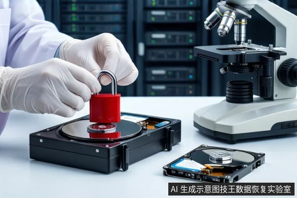 白色桌面上,一双戴白色手套的手正将一把红色挂锁扣在一块打开外壳的机械硬盘上。右侧放置一台显微镜,前景平放另一块硬盘,背景为模糊的服务器机柜。