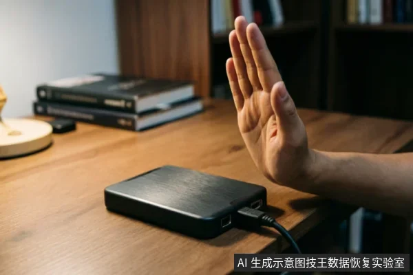一只手掌在连接着数据线的黑色移动硬盘前做出停止手势,示意立即断电并停止操作。背景为木质桌面和书籍,直观表达故障时保护介质、禁止写入的核心指令。
