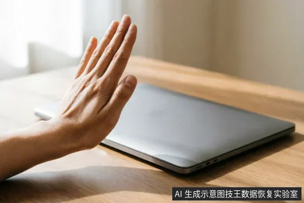 一只手掌在木质桌面上做出停止或拒绝的手势,前方放置着一台闭合的银灰色笔记本电脑。画面通过肢体语言直观传达出“暂停”、“禁止操作”或“切勿触碰”的含义,对应文中强调的数据安全止损原则。