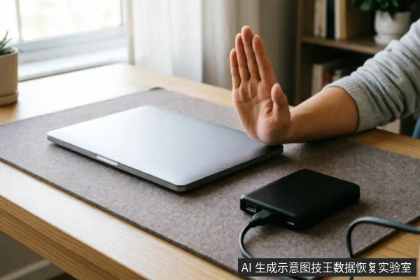 画面展示了一只手在木质桌面上做出拒绝或停止的手势，手掌正对一台闭合的银色笔记本电脑。旁边放置着一个通过线缆连接的黑色移动硬盘盒，背景为明亮的室内环境。