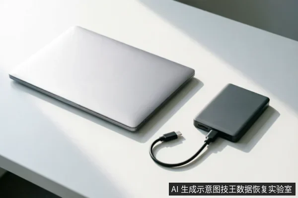 白色桌面上放置着一台闭合的银色笔记本电脑,通过黑色数据线连接着一个深灰色的外接移动硬盘。画面展示了电脑与外部存储设备的物理连接状态,无屏幕显示或操作细节。