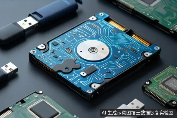 深色桌面上平放一块打开外壳的机械硬盘,周围散落USB闪存盘、绿色电路板和芯片,无人员操作。