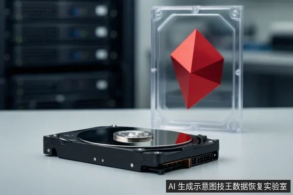 白色桌面上放置一块打开外壳的机械硬盘,盘片与主轴电机清晰可见;后方透明展示盒内有一个红色多面体几何模型,背景为虚化的服务器机柜。