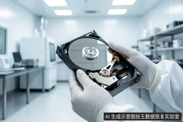 洁净实验室环境中，一双戴白色手套的手正持握一块打开外壳的机械硬盘，可见盘片、主轴和磁头组件，背景为模糊的实验室设备。