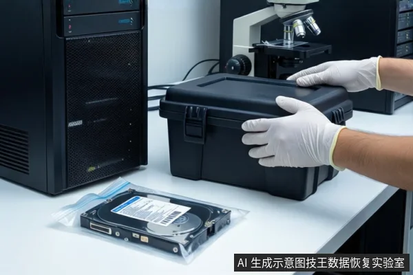 白色桌面上,左侧竖立一台黑色塔式主机,中间一个闭合的黑色防震箱,右侧一双戴白色手套的手正扶着箱体。前景平放一个装有机械硬盘的透明防静电袋,背景可见显微镜和服务器机柜。