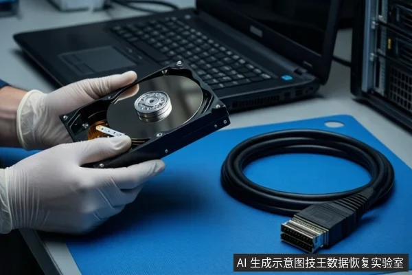 蓝色防静电垫上，一双戴白手套的手正握持一块打开外壳的机械硬盘，展示其内部盘片与主轴电机。右侧平放着一卷盘绕的黑色SAS数据线，接口清晰可见。背景为模糊的黑屏笔记本电脑和服务器机柜。