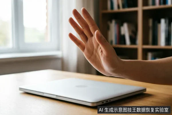 一只手掌在闭合的笔记本电脑前做出停止手势,示意拒绝操作或切断电源。背景为模糊的书房环境,包含窗户和书架。画面直观传达了在设备故障时立即停止使用、避免进一步干预的紧急处理理念。