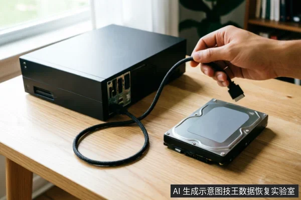 一只手正拿着SATA数据线准备连接放置在木桌上的机械硬盘,旁边有一台黑色主机设备,展示了排查硬盘物理连接的场景。