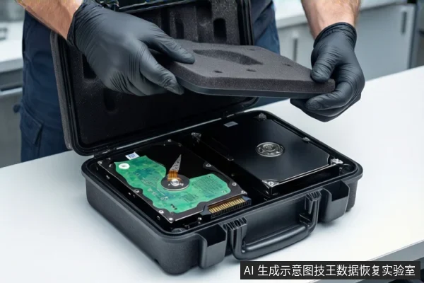 Gloved hands lifting foam lid from a black case containing two hard drives.