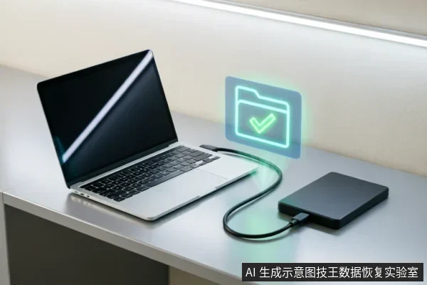 A laptop connected to an external drive via USB cable, featuring a holographic folder icon with a checkmark symbolizing successful data detection and recovery.
