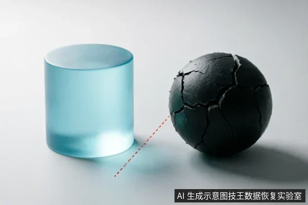 画面展示了一个半透明蓝色圆柱体与一个表面布满裂纹的黑色球体,两者之间有一条红色虚线相连。黑色球体呈现出类似干裂或损坏的质感,蓝色圆柱体则显得光滑完整,背景为纯净的灰白色。