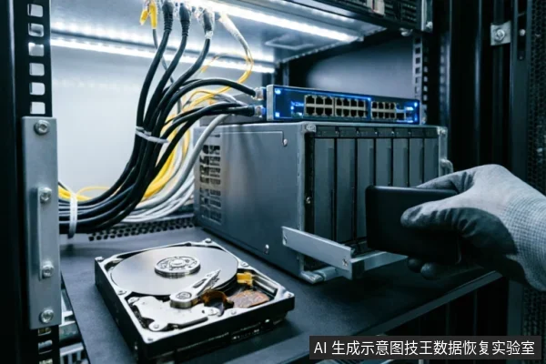 服务器机柜内部，一只戴手套的手正将硬盘托架插入存储设备，前景放置着一块已打开外壳、露出盘片和磁头的机械硬盘，背景可见连接线缆及网络设备。