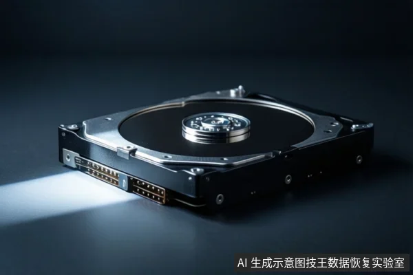 深色桌面上平放一块打开外壳的机械硬盘,可见盘片、主轴和磁头臂,左侧有一道白色光束照射。