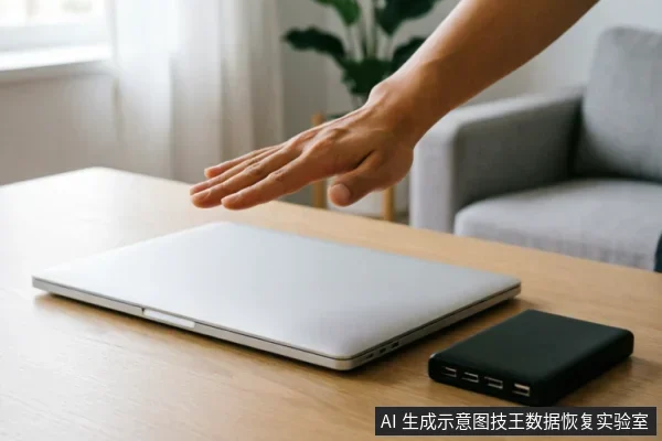 一只悬停在闭合银色笔记本电脑上方的手,旁边木桌上放着一个黑色多口USB集线器或移动硬盘盒。背景为居家环境,画面展示了设备连接与操作场景。