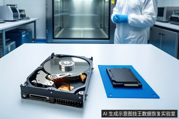 洁净室环境中，白色桌面上左侧平放一块打开外壳的机械硬盘，右侧蓝色防静电垫上放置一块黑色固态硬盘。背景中一名身穿白色无尘服的技术人员站在大型洁净设备前。