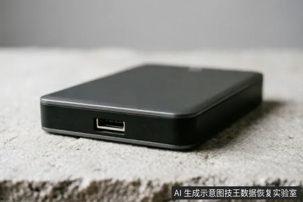 A close-up of a black external hard drive resting on a rough concrete surface, showing the USB port on the side.