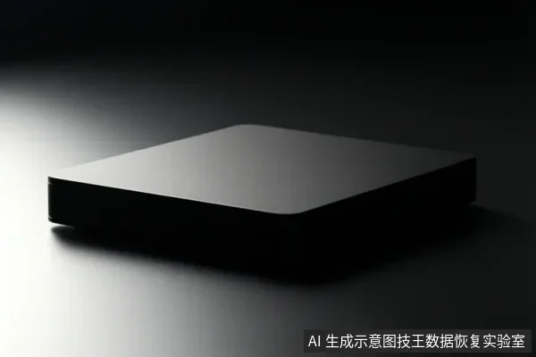 画面中有一个黑色矩形存储设备平放在深色反光台面上,左侧有柔和光照,设备表面无可见文字或接口细节。