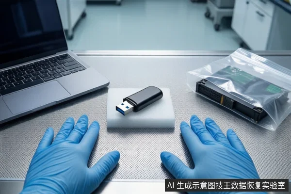 白色防静电工作台上,左侧有一台银色笔记本电脑,中间白色泡沫垫上平放一个黑色U盘,右侧透明防静电袋内装有一块硬盘。前景一双戴蓝色手套的手掌平放在桌面上,呈静态展示姿态。背景为模糊的实验室环境。