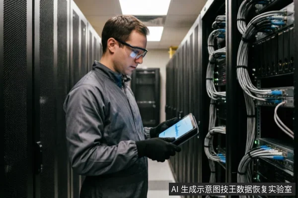 一名身穿灰色防静电服、佩戴护目镜和手套的技术人员,站在布满线缆的服务器机柜通道内。他手持一台屏幕亮起的平板设备正在专注查看数据,展示了专业硬件检测环境下的离线分析场景。