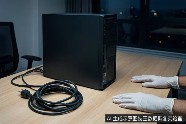 木质桌面上放置一台黑色台式主机,左侧盘绕着一根黑色电源线。右侧一双戴白色手套的手平放在桌面上,背景为模糊的窗户和城市夜景。