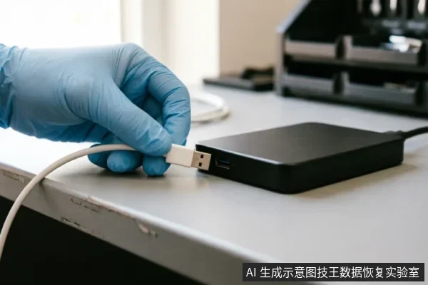 一只戴着蓝色防护手套的手正将白色USB数据线插入黑色移动硬盘盒的接口中。背景为浅色桌面,展示了在数据恢复排查过程中检查外部连接链路的动作,体现了专业操作规范。