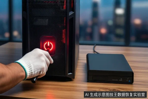 木质桌面上,一只戴白手套的手正按压黑色塔式主机正面亮红灯的电源按钮,右侧平放一个黑色外接硬盘盒,背景为模糊的城市夜景。