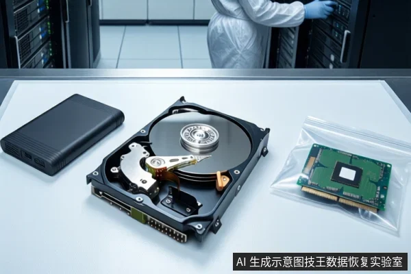 洁净室白色桌面上，左侧黑色外接硬盘盒，中间平放打开外壳的机械硬盘，右侧防静电袋内装M.2固态硬盘。背景中穿无尘服的技术人员正在操作服务器机柜。