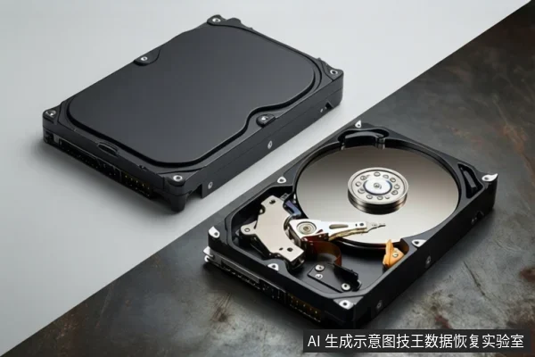 画面中并排放置两块机械硬盘,左侧硬盘外壳完整,右侧硬盘已打开,露出金属盘片、主轴电机和磁头组件,背景为灰白与深色拼接台面。