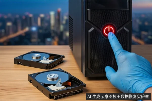 木质桌面上,一只戴蓝色手套的手正按压黑色塔式主机正面的红色电源按钮,左侧平放两块打开外壳的机械硬盘,背景为模糊的城市夜景。